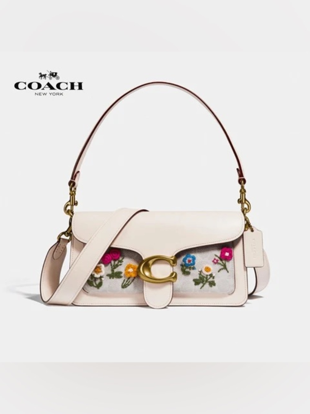 Coach Tabby 26 Cream Leather Shoulder Bag with Multicolor Floral Embroidery